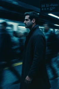 Profile shot of me walking through a rushing metro station crowd. Everyone else is motion-blurred with trailing effects, while I remain in sharp focus with a serious expression, wearing a long trench coat. Cool blue tones dominate the scene, evoking a 35mm film aesthetic. Ambient lighting comes from train signs and station fixtures. Ratio: Portrait 4:3
