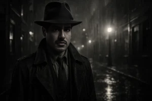 A noir-style cinematic portrait of a detective in a rain-soaked alley, wearing a wide-brimmed hat and trench coat. Street lights reflect in puddles, strong backlighting with fog and film grain. Moody shadows and 35mm film look. Ratio: 3:2